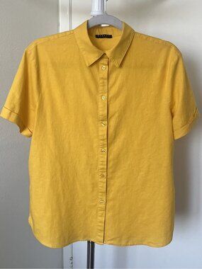 SISLEY Women's Yellow Linen Blend Short Sleeve Button-Up Shirt Size S